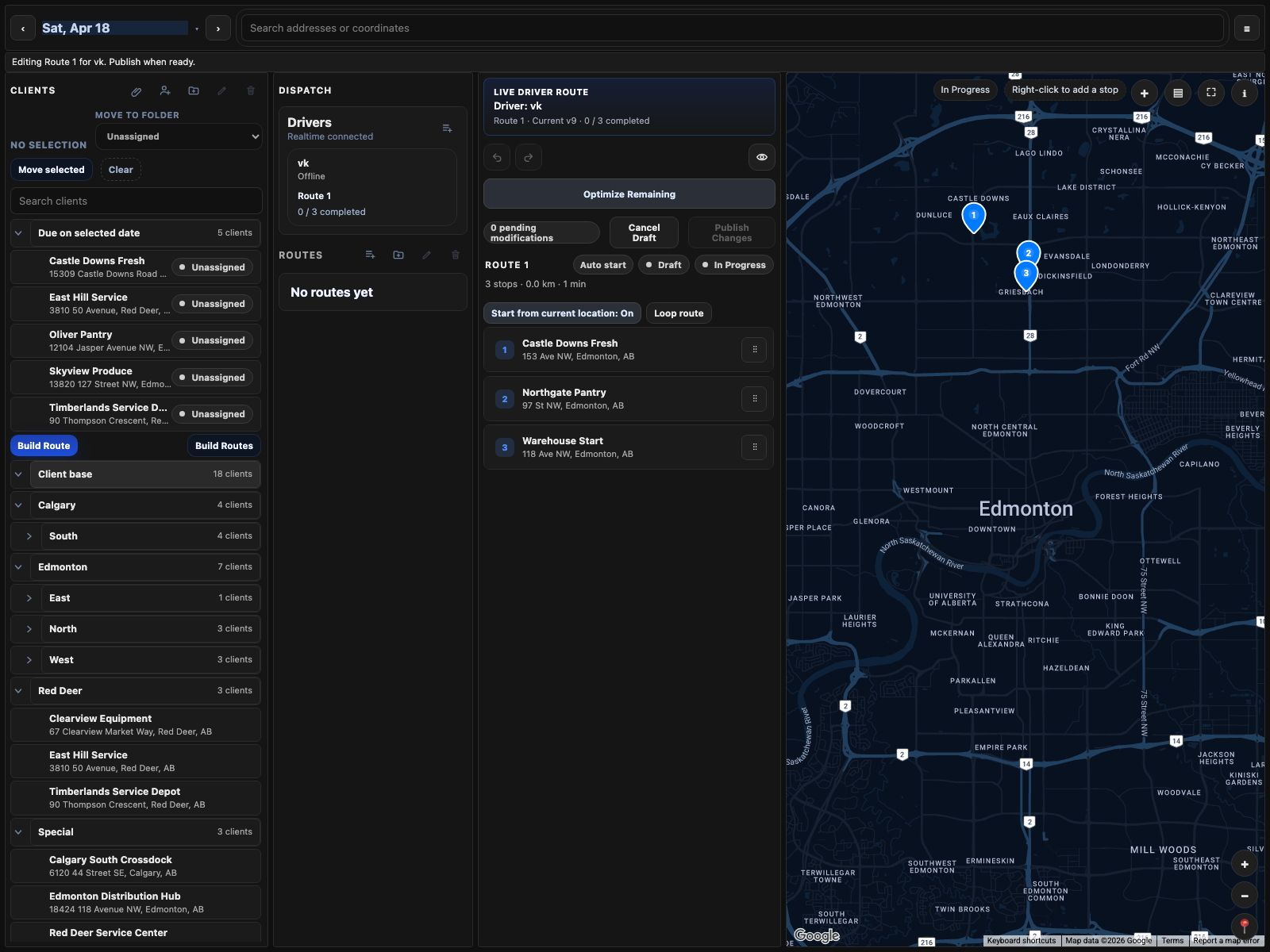 LogicMaps dispatcher workspace showing a route and map
